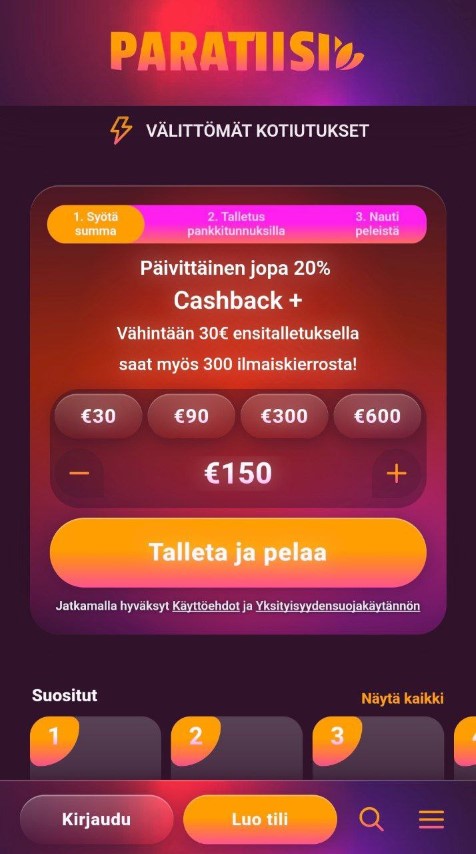 Aloita pelaaminen ja lunasta cashback-bonus mobiilisovelluksessa