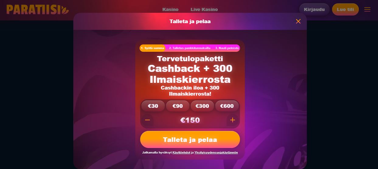 Lunasta tervetulopaketti cashback ja ilmaiskierrokset talletuksella